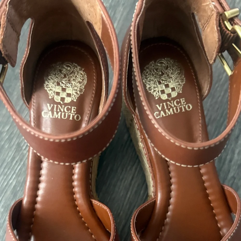 Vince Camuto Cognac Leather Platform Wedge Sandals with Ankle Strap